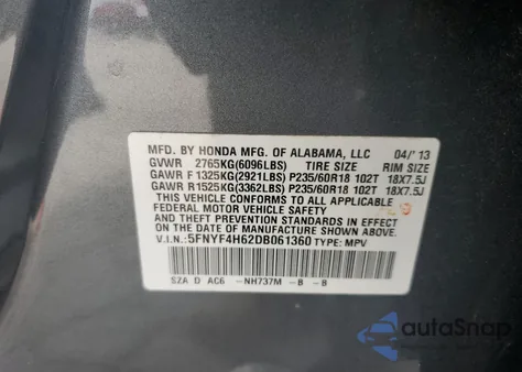 2013 Honda Pilot Exl из США, поврежденный, VIN 5FNYF4H62DB061360